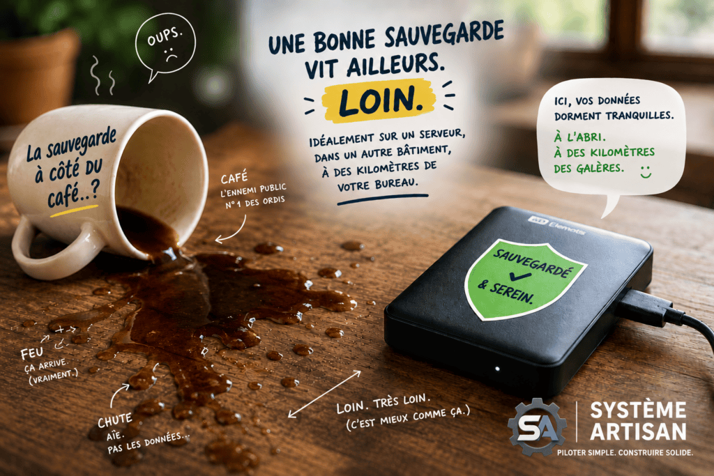 Une tasse de café est renversée sur un bureau pres d'un disque de sauvegarde.