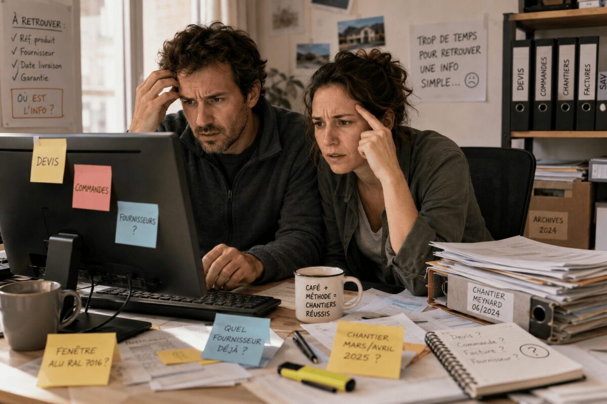 Un couple d'artisan cherche des informations client devant un PC